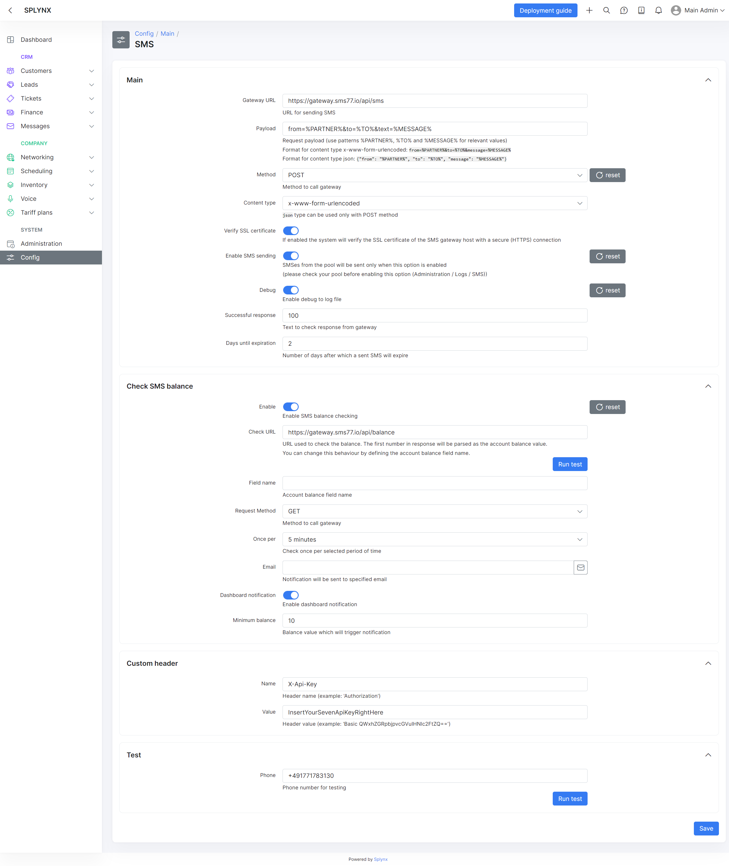 Splynx: SMS Configuration
